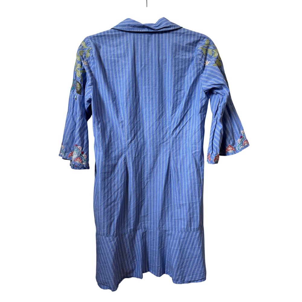 Johnny Was Workshop Blue Striped Floral Embroidered Button Front Shirt Dress XS - Picture 7 of 7